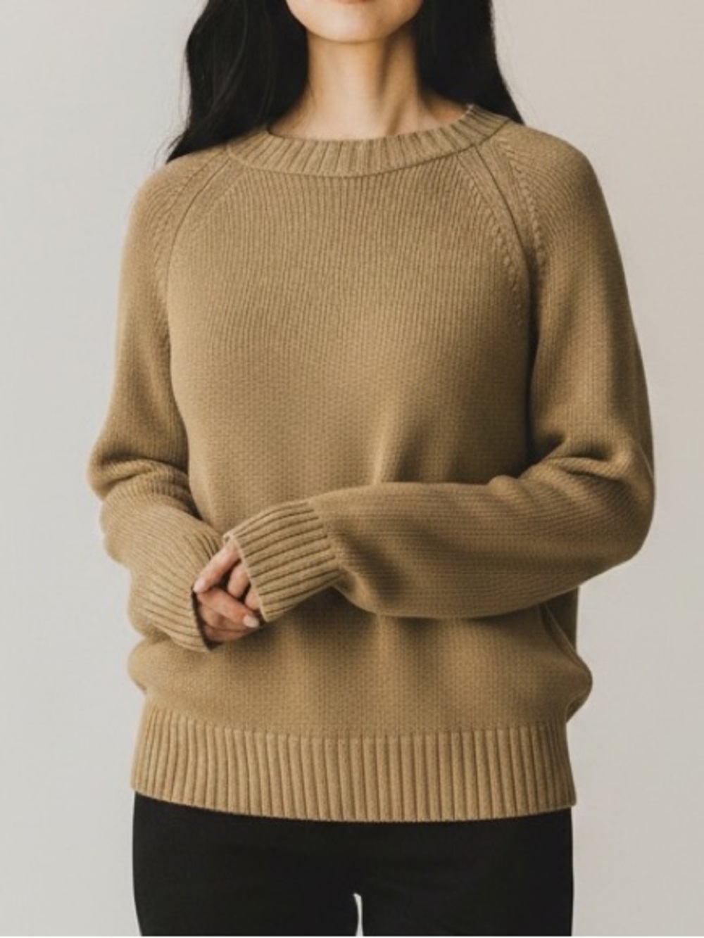EVERLANE Thin Knit Cotton Viscose Sweater Ribbed Crew Neck Brown Camel